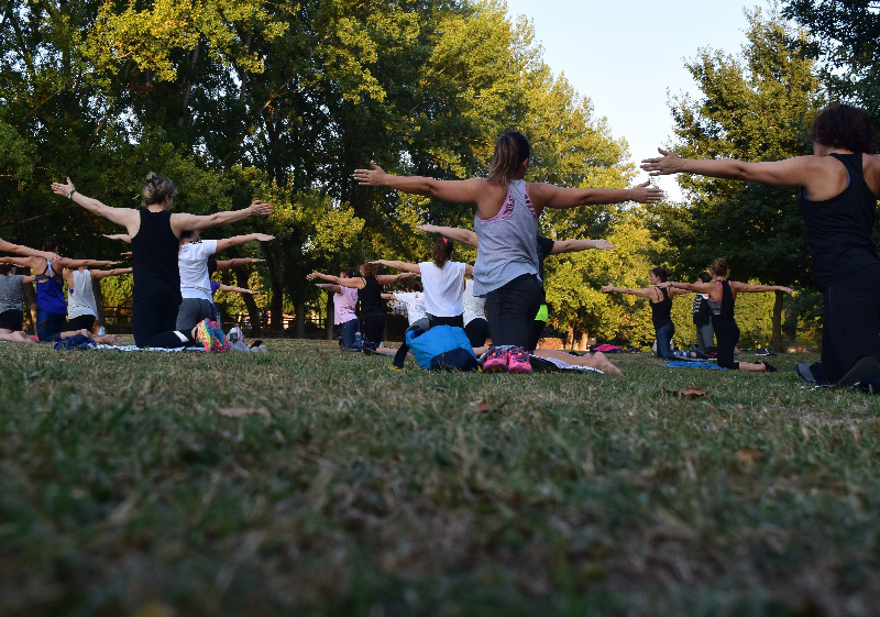 A group of people doing yoga in the park